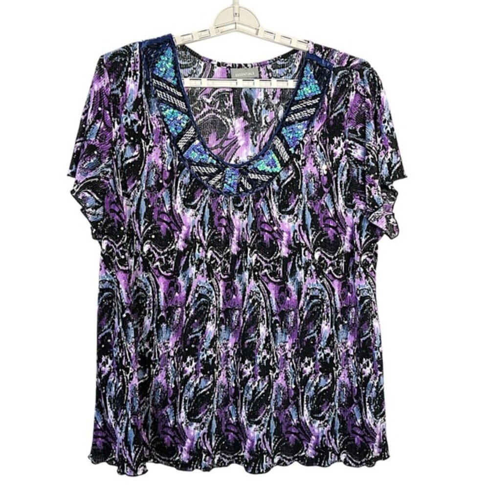 Essentials Sequin Top Beaded Flutter Sleeve Pullover Blouse Purple Teal Plus 3X - Picture 10 of 15
